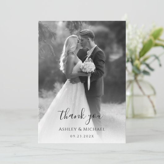 白黒の写真結婚のスクリプモダントシンプル サンキューカード (スタンド正面)