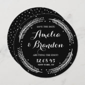 白黒の冬お洒落リース結婚ズ セーブザデート (正面/裏面)