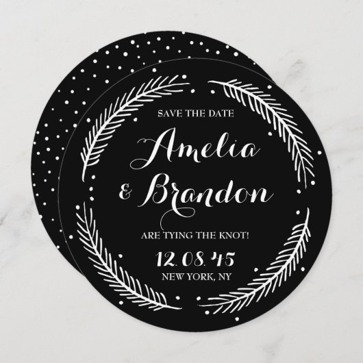 白黒の冬お洒落リース結婚ズ セーブザデート (正面/裏面)