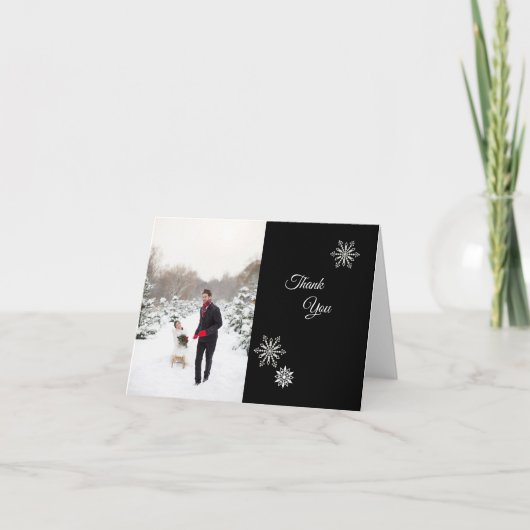 白黒の冬の結婚式の写真ありがとう サンキューカード (正面)