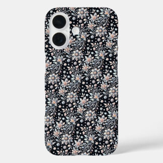 白黒の冬の花柄カバー iPhone 16ケース
