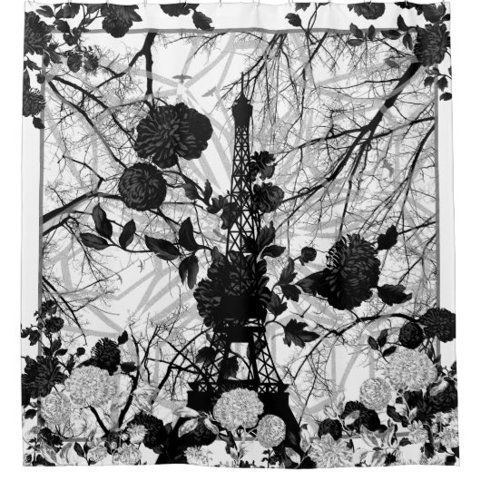 白黒の劇的な花の木のエッフェル塔 シャワーカーテン (正面)