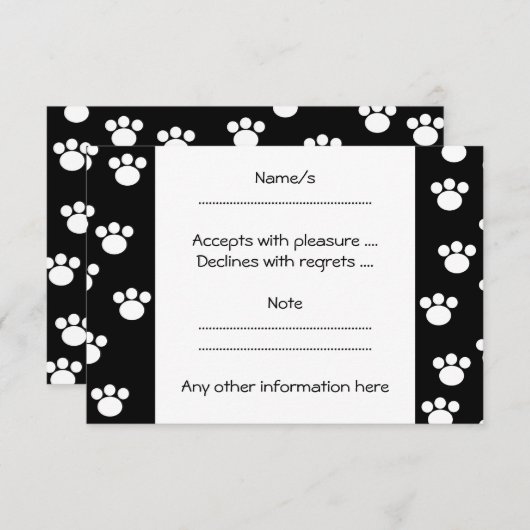 白黒の動物の手の印刷パターン。 出欠カード (正面/裏面)