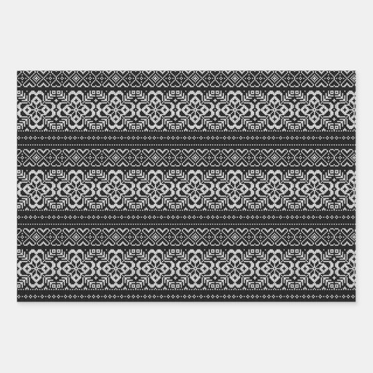白黒の北欧の冬のセーターのクリスマス ラッピングペーパーシート (正面)