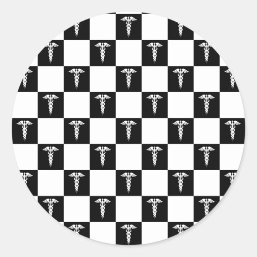 白黒の医療記号カドゥセウス ラウンドシール (正面)