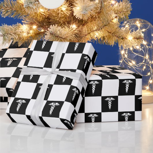 白黒の医療記号カドゥセウス ラッピングペーパー (クリスマス)