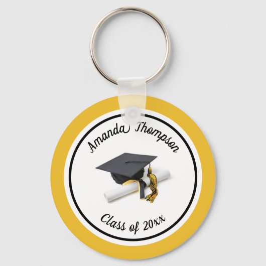 白黒の卒業キャップとタッセル キーホルダー (正面)