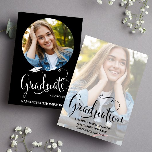 白黒の卒業パーティーのフォトスクリプト 招待状