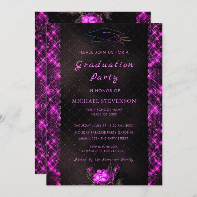 白黒の卒業招待状テンプレート (正面/裏面)