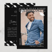 白黒の卒業生縦向きポートレート写真 招待状 (正面/裏面)