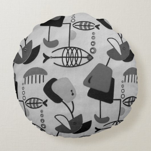 白黒の原子模様の丸い枕 ラウンドクッション (裏面)