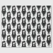 白黒の可愛いガール ラッピングペーパー (フラット)