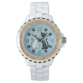 白黒の可愛い猫と前足のプリントが青い 腕時計