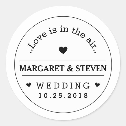 白黒の名前をカスタムする結婚&日付ラウンド ラウンドシール (正面)
