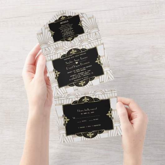 白黒の喧騒の1920年代風のギャツビー・アートデコウェディング オールインワン招待状 (貼ってはがせる)
