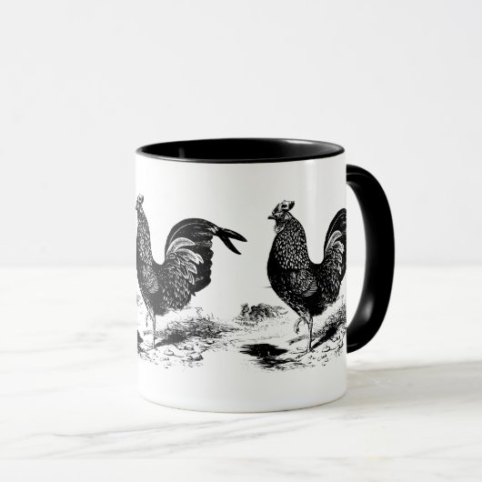 白黒の国のヴィンテージのオンドリのマグ マグカップ (正面右)