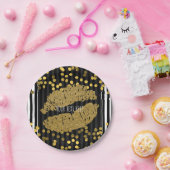 白黒の垂直ストライプ金ゴールドリップキス ペーパープレート (パーティー)