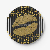 白黒の垂直ストライプ金ゴールドリップキス ペーパープレート (正面)