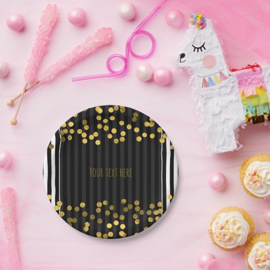 白黒の垂直金ゴールドホイルストライプドッフェイクト ペーパープレート (パーティー)