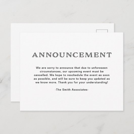 白黒の基エレガント本的なキャンセル 案内ポストカード (正面/裏面)