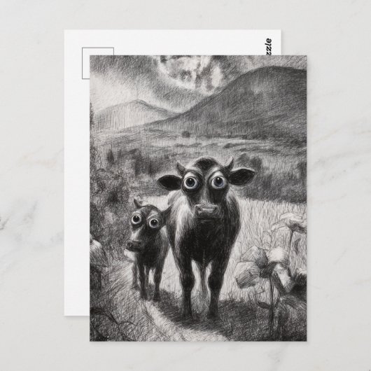 白黒の大きく開いた目の牛 ポストカード (正面/裏面)