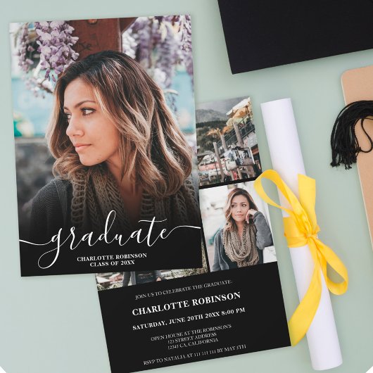 白黒の大学院のスクリプト写真の卒業 招待状