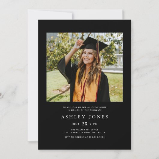 白黒の大学院写真卒業パーティー 招待状 (裏面)