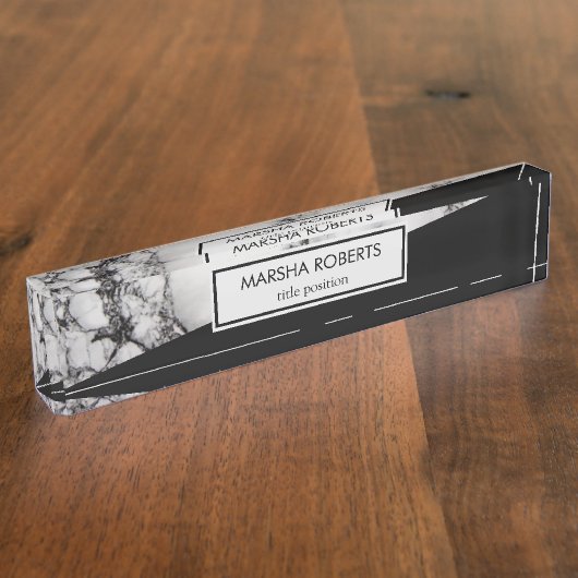 白黒の大理石と三角形 デスクネームプレート (側面)