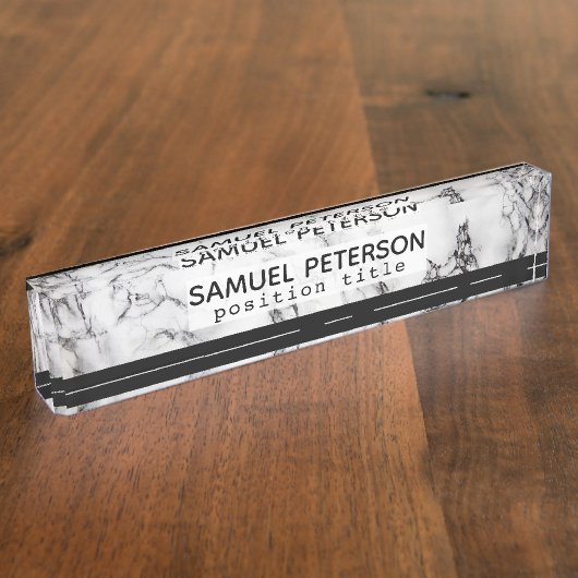 白黒の大理石と黒のストライプ デスクネームプレート (側面)
