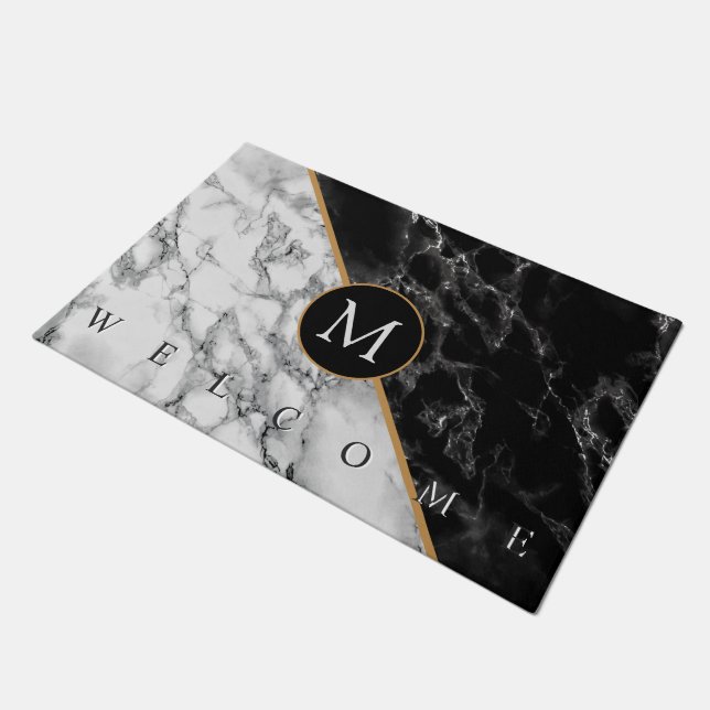 白黒の大理石のドーカスタムマット（文字付） ドアマット (アングル)