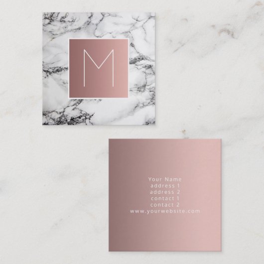 白黒の大理石のモノグラムバラ金ゴールド スクエア名刺 (正面/裏面)