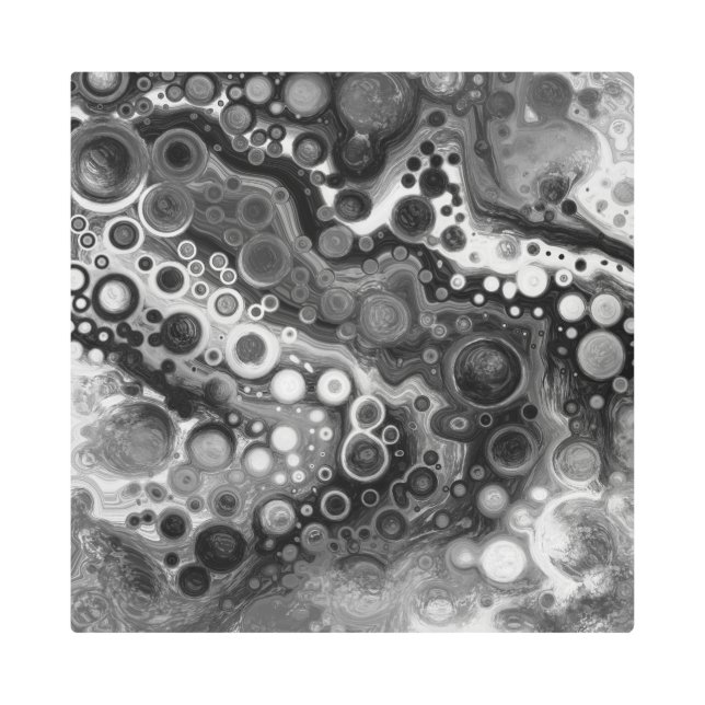 白黒の大理石の流体アート メタルプリント (正面)