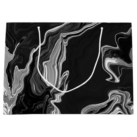 白黒の大理石の流体アート ラージペーパーバッグ (正面)