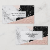 白黒の大理石の赤面のピンクのバラの金ゴールドのグリッター 名刺 (正面/裏面)