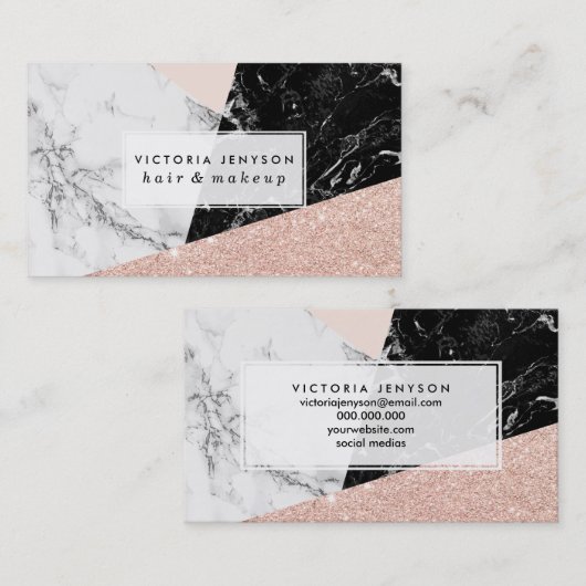 白黒の大理石の赤面のピンクのバラの金ゴールドのグリッター 名刺 (正面/裏面)