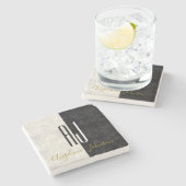 白黒の大理石イニシャル モノグラムの ストーンコースター (横)