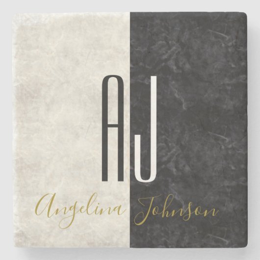 白黒の大理石イニシャル モノグラムの ストーンコースター (正面)