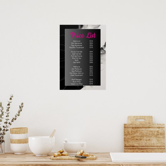 白黒の大理石ネイルサロン価格一覧メニュー ポスター (キッチン)