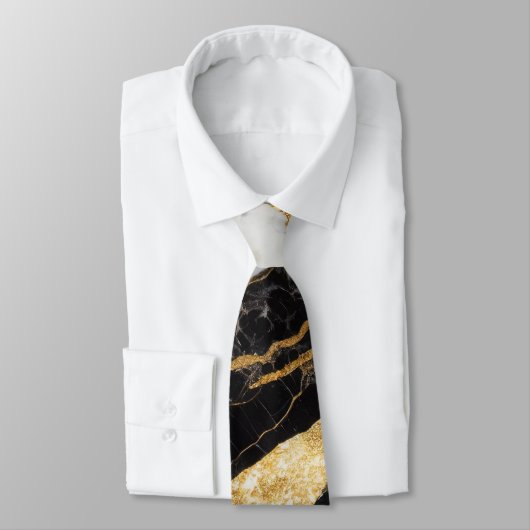 白黒の大理石パターン(金ゴールド付) ネクタイ (タイ)