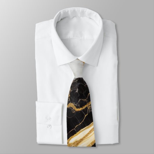 白黒の大理石パターン(金ゴールド付) ネクタイ (タイ)