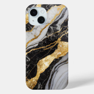 白黒の大理石パターン(金ゴールド付) iPhone 15ケース
