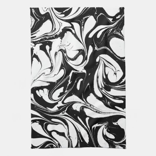 白黒の大理石パタ渦巻形のーン キッチンタオル (縦)