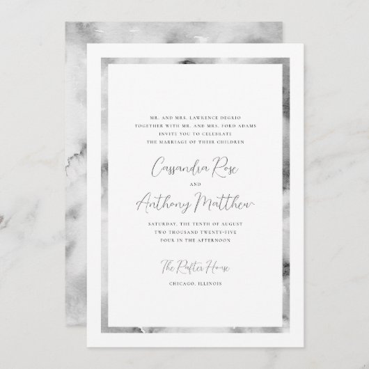 白黒の大理石フレームスクリフォーマルプト結婚ズ 招待状 (正面/裏面)