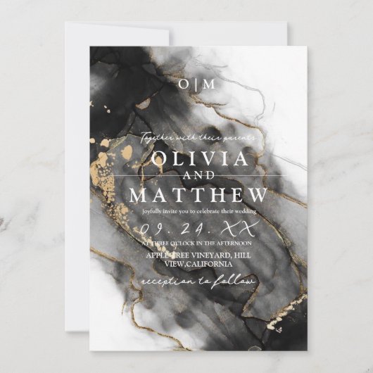白黒の大理石結婚の写真 招待状 (正面)