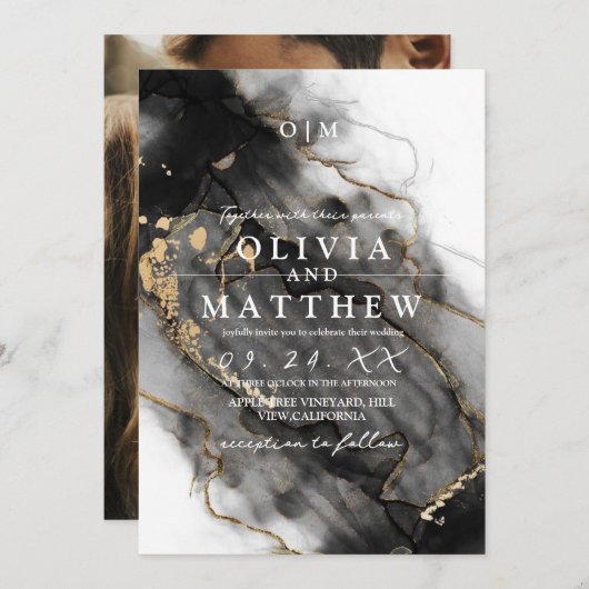 白黒の大理石結婚の写真 招待状 (正面/裏面)