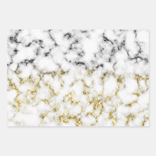 白黒の大理石金ゴールドの輝くフレーク ラッピングペーパーシート (正面2)