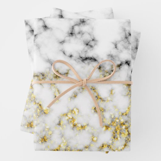 白黒の大理石金ゴールドの輝くフレーク ラッピングペーパーシート (インサイチュ)