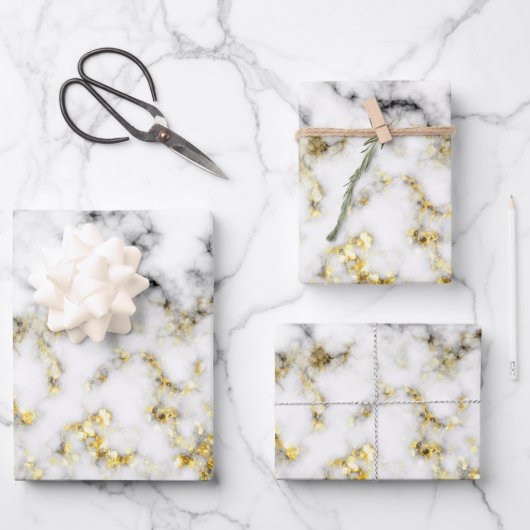 白黒の大理石金ゴールドの輝くフレーク ラッピングペーパーシート (正面)