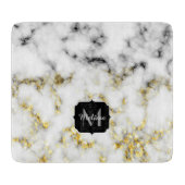 白黒の大理石金ゴールドスパークルフレークMonogram カッティングボード (正面)