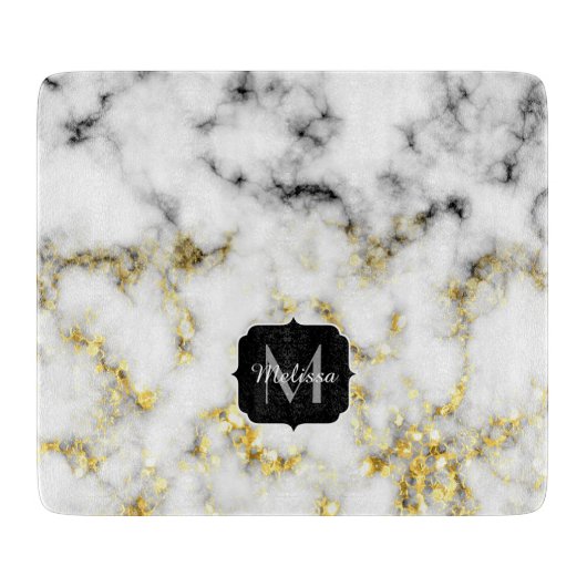 白黒の大理石金ゴールドスパークルフレークMonogram カッティングボード (正面)